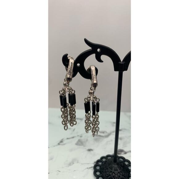 Vintage Park Lane Dangle Clip On Earrings Silver Tone Chain w/ Black Signed - Picture 4 of 5